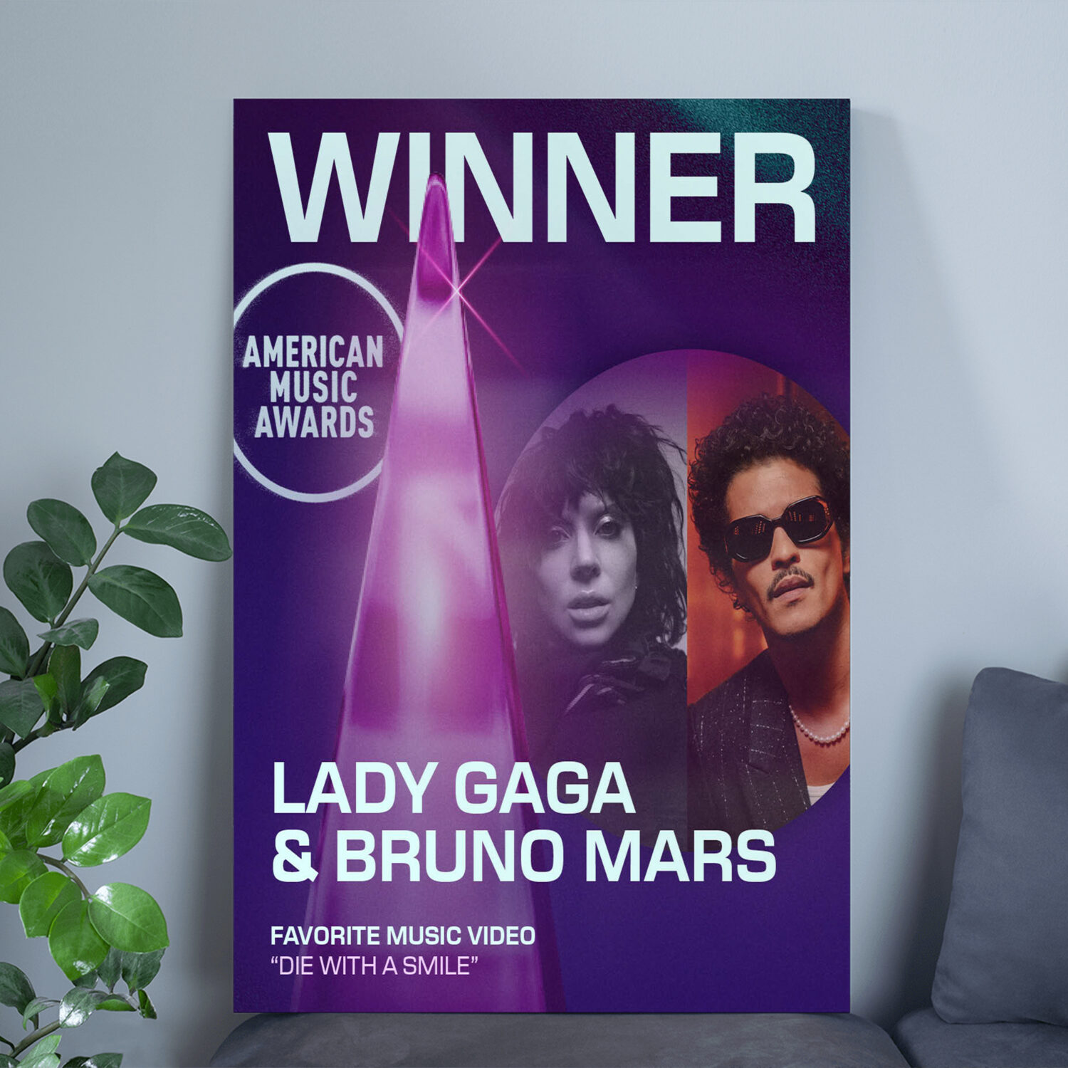 Lady Gaga & Bruno Mars Die With a Smile AMAs 2025 Poster Canvas – Music Video of the Year Winner