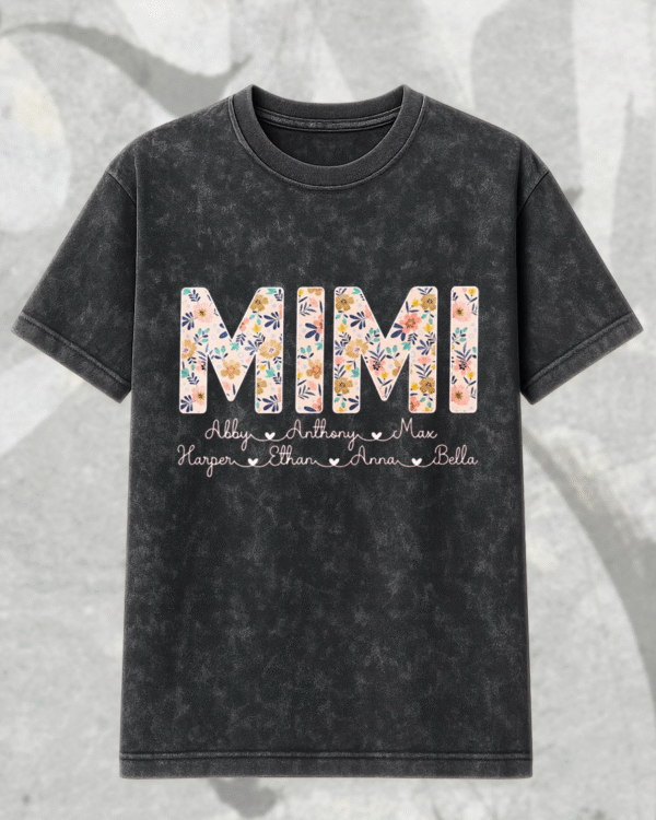 Acid Wash Personalized Mimi Shirt with Grandkids' Names Custom Floral Hoodie & T-Shirt for Grandma - Image 3