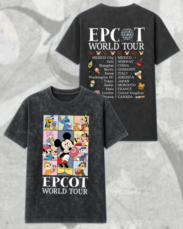 Epcot World Tour Acid Wash T-Shirt, Hoodie – Mickey and Friends Retro Epcot Shirt, Family Trip Gift for Kids & Youth