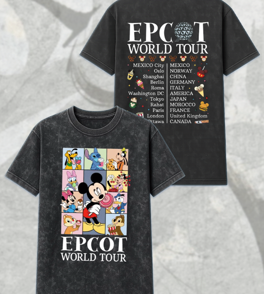 Epcot World Tour Acid Wash T-Shirt, Hoodie – Mickey and Friends Retro Epcot Shirt, Family Trip Gift for Kids & Youth