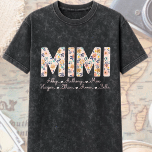 Acid Wash Personalized Mimi Shirt with Grandkids' Names Custom Floral Hoodie & T-Shirt for Grandma