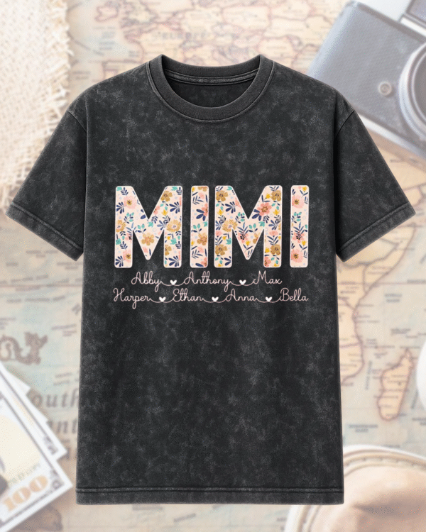 Acid Wash Personalized Mimi Shirt with Grandkids' Names Custom Floral Hoodie & T-Shirt for Grandma