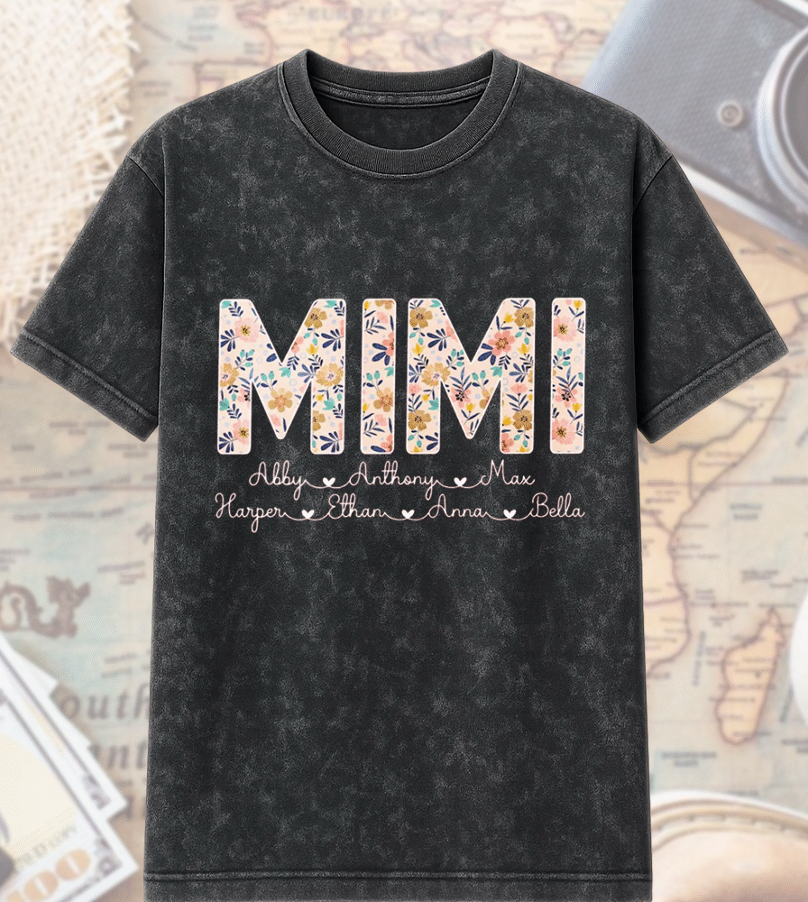 Acid Wash Personalized Mimi Shirt with Grandkids' Names Custom Floral Hoodie & T-Shirt for Grandma