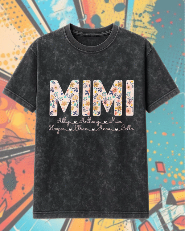 Acid Wash Personalized Mimi Shirt with Grandkids' Names Custom Floral Hoodie & T-Shirt for Grandma - Image 2