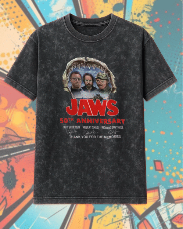 Jaws 50th Anniversary Acid Wash Shirt & Hoodie – Quint & Brody Signatures | Classic Movie Tribute (1975–2025)