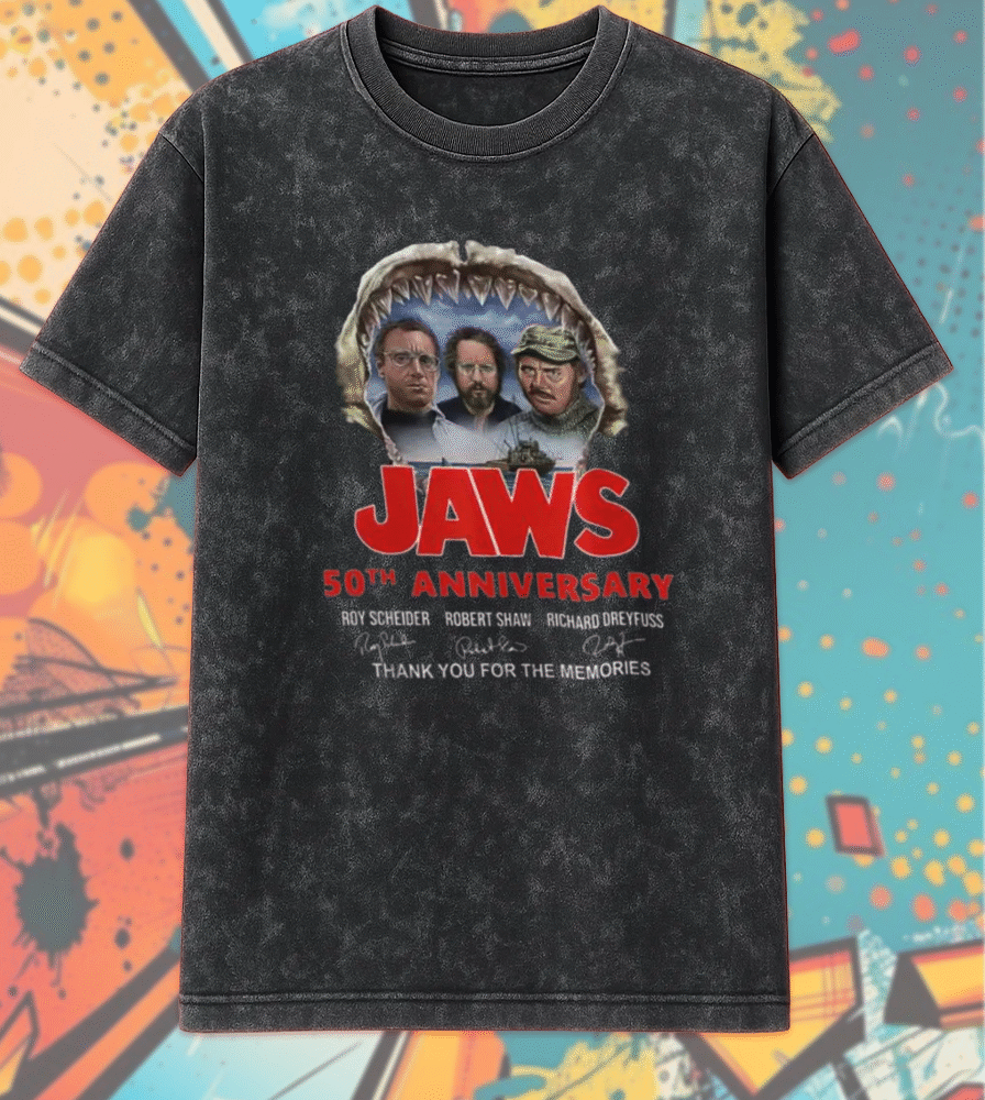 Jaws 50th Anniversary Acid Wash Shirt & Hoodie – Quint & Brody Signatures | Classic Movie Tribute (1975–2025)