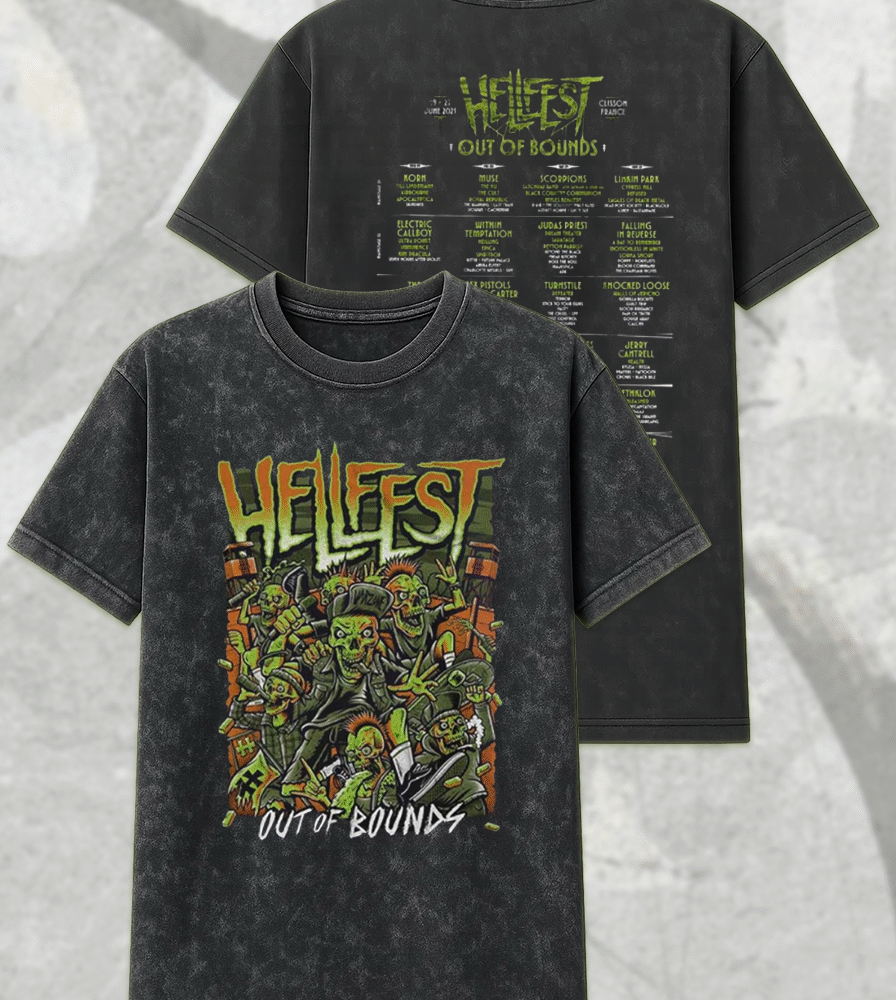 Hellfest 2025 Warzone Zombie Lineup Acid Wash T-Shirt & Hoodie – Out Of Bounds Two-Sided Merch (Clisson, France | June 19–22)