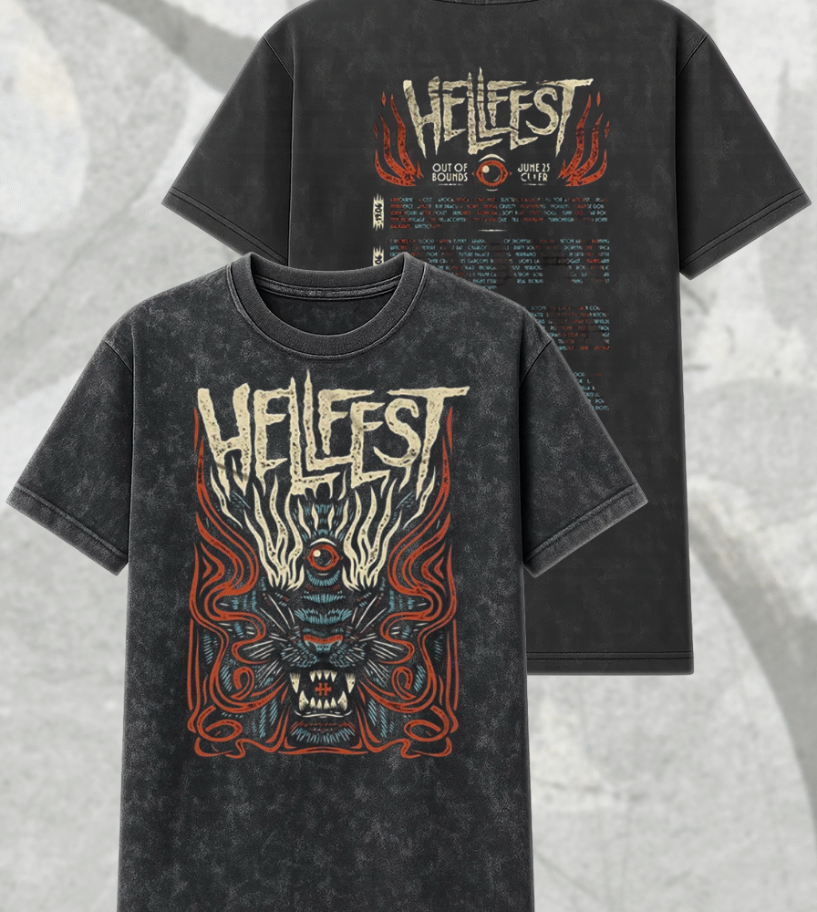 Hellfest 2025 Acid Wash Shirt or Hoodie – Savage Tiger Lineup Merch, Clisson France Two-Sided Tour Print
