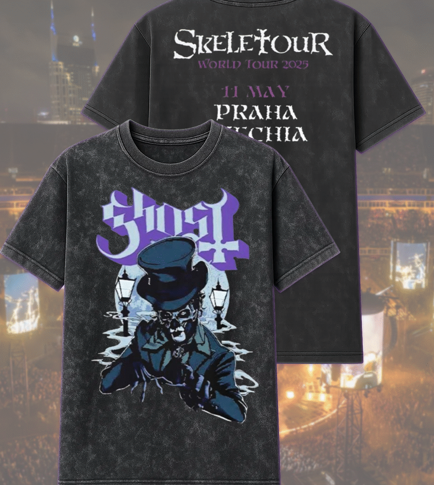 Ghost Skeletour 2025 – Acid Wash T-Shirt & Hoodie | Praha Czechia Pop-Up Shop Exclusive | Two-Sided Print