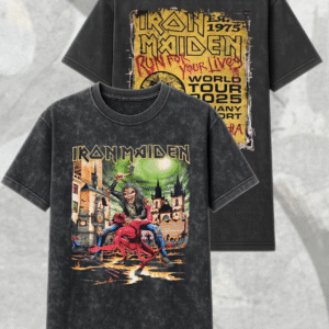 Iron Maiden Prague 2025 Acid Wash Shirt & Hoodie – Eddie vs Devil Two-Sided Tour Apparel – Letňany Airport World Tour Merch