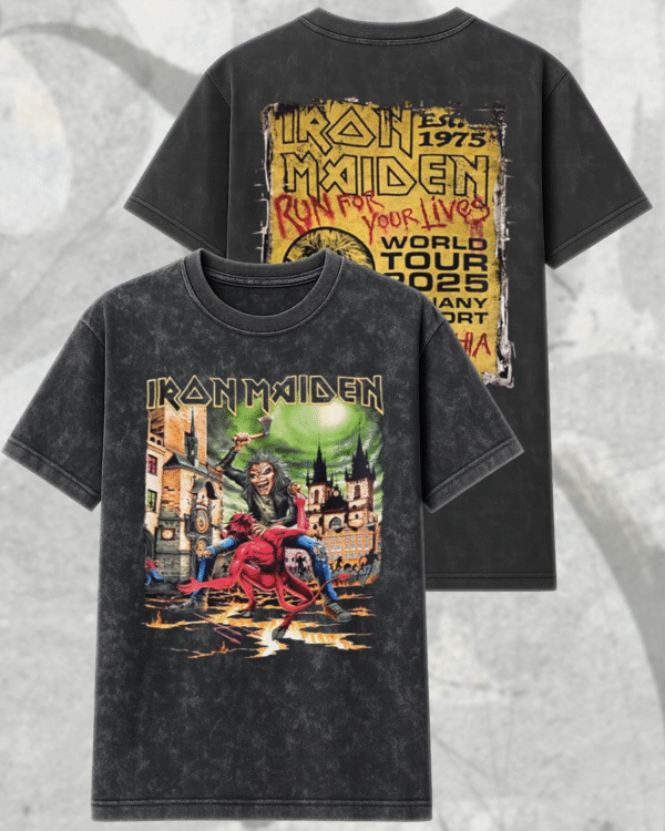 Iron Maiden Prague 2025 Acid Wash Shirt & Hoodie – Eddie vs Devil Two-Sided Tour Apparel – Letňany Airport World Tour Merch