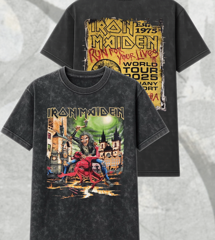 Iron Maiden Prague 2025 Acid Wash Shirt & Hoodie – Eddie vs Devil Two-Sided Tour Apparel – Letňany Airport World Tour Merch