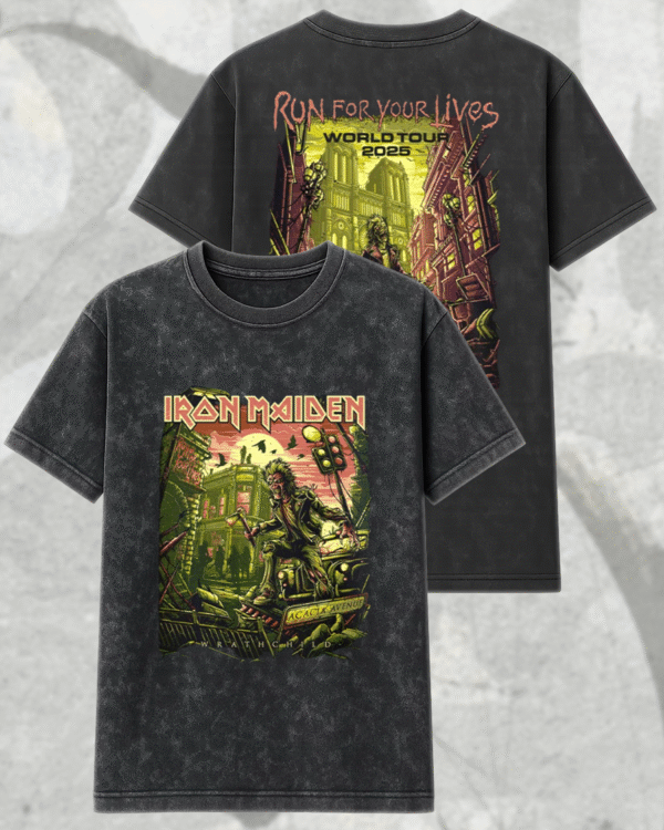 Iron Maiden Run For Your Lives 2025 Acid Wash Shirt & Hoodie – Wrathchild x Murders In The Rue Morgue Tour Edition – Two-Sided Eddie Merch