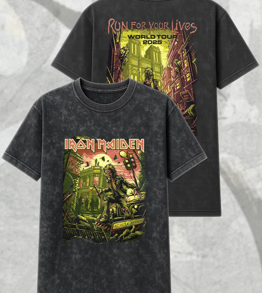 Iron Maiden Run For Your Lives 2025 Acid Wash Shirt & Hoodie – Wrathchild x Murders In The Rue Morgue Tour Edition – Two-Sided Eddie Merch