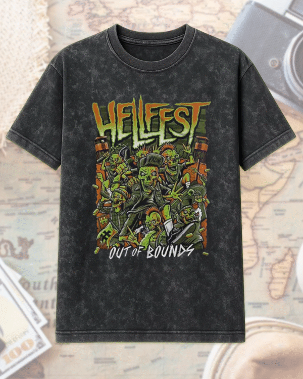 Hellfest 2025 Warzone Zombie Lineup Acid Wash T-Shirt & Hoodie – Out Of Bounds Two-Sided Merch (Clisson, France | June 19–22) - Image 2