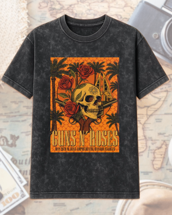 Guns N' Roses Bahrain 2025 Acid Wash T-Shirt & Hoodie – Al Dana Amphitheatre Concert Poster Art