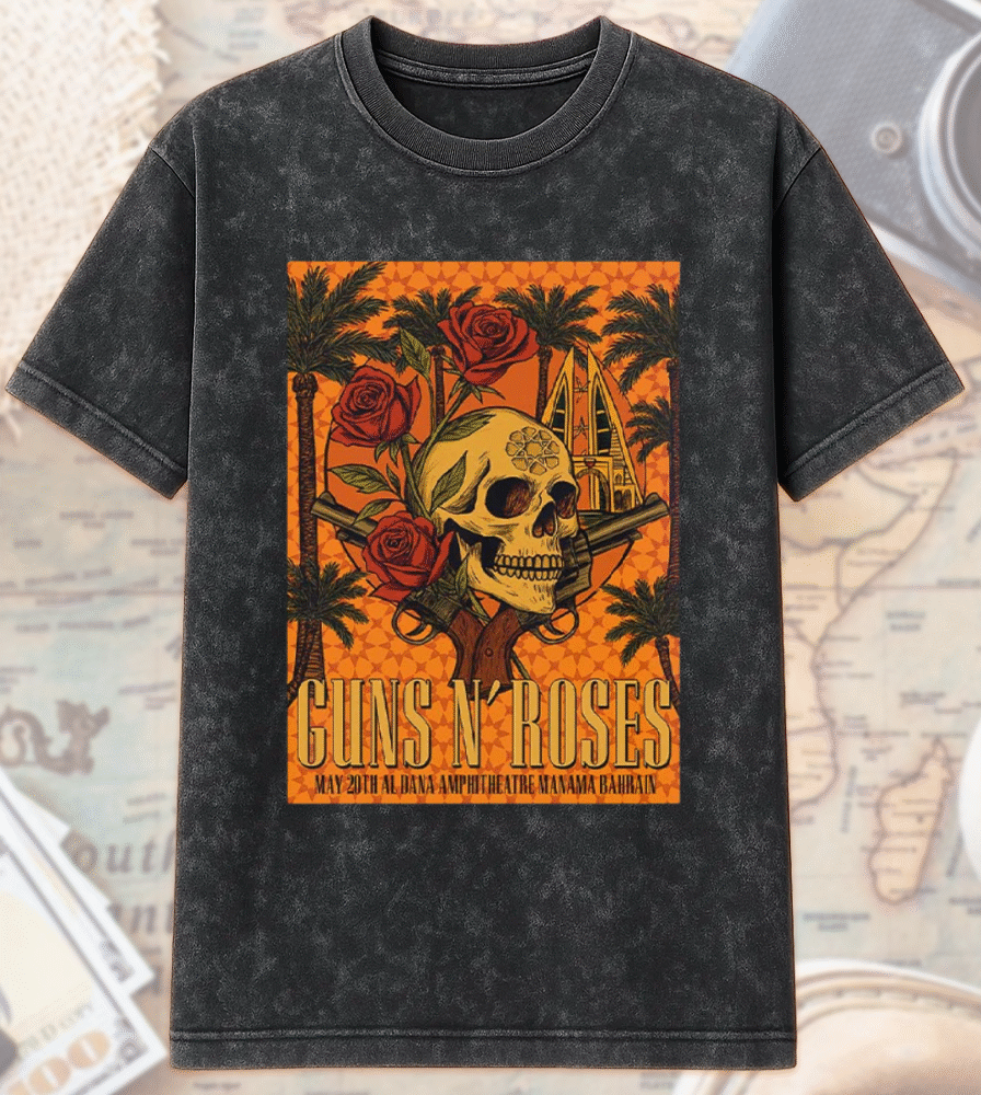 Guns N' Roses Bahrain 2025 Acid Wash T-Shirt & Hoodie – Al Dana Amphitheatre Concert Poster Art