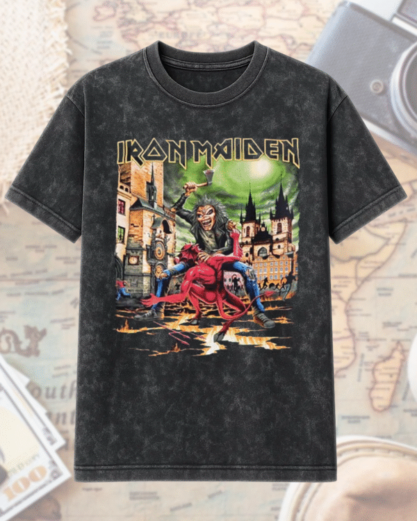 Iron Maiden Prague 2025 Acid Wash Shirt & Hoodie – Eddie vs Devil Two-Sided Tour Apparel – Letňany Airport World Tour Merch - Image 2