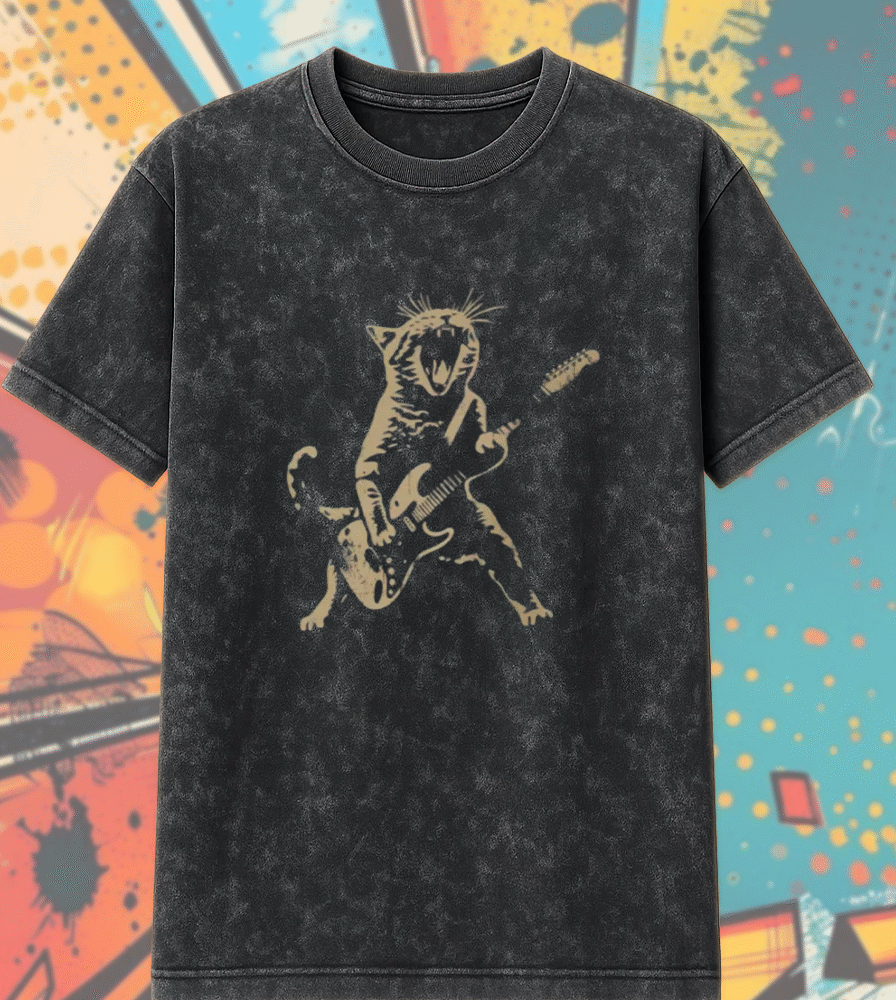 Rock Cat Acid Wash Shirt – Funny Guitar Cat Tee & Hoodie, Vintage Grunge Cat Lover Gift for Her & Him
