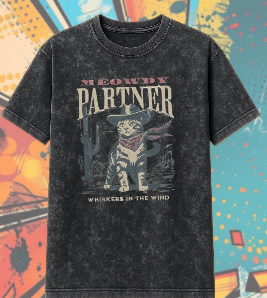 Meowdy Partner Cowboy Cat Acid Wash Shirt – Funny Western Cat Tee, Vintage Cat Lover Gift for Her & Him