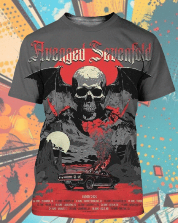Avenged Sevenfold Europe Tour 2025 T-Shirt – Skull Bat Wings Concert Graphic Tee
