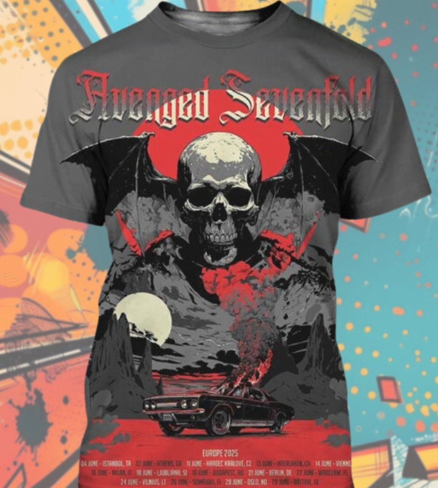 Avenged Sevenfold Europe Tour 2025 T-Shirt – Skull Bat Wings Concert Graphic Tee
