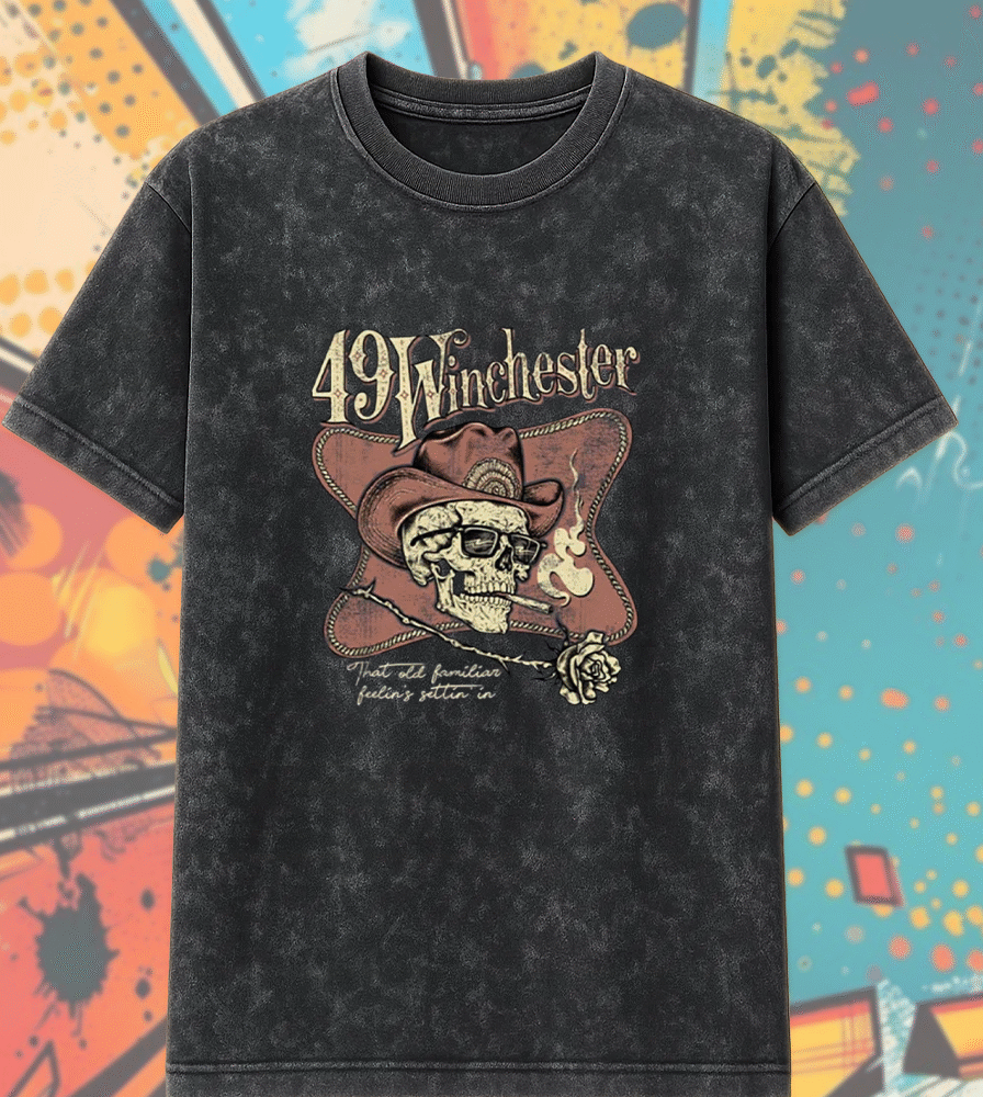 49 Winchester Tulsa 2025 Acid Wash Shirt or Hoodie – Skull & Rose Cowboy Tour Art