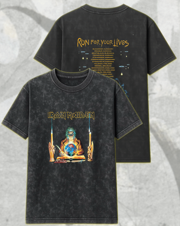 Iron Maiden 2025 Acid Wash Shirt or Hoodie – Run For Your Lives Tour w/ Clairvoyant Eddie Two-Sided Print