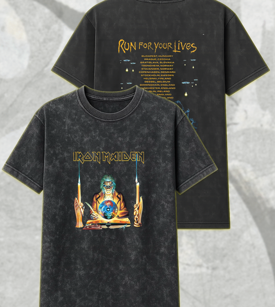 Iron Maiden 2025 Acid Wash Shirt or Hoodie – Run For Your Lives Tour w/ Clairvoyant Eddie Two-Sided Print