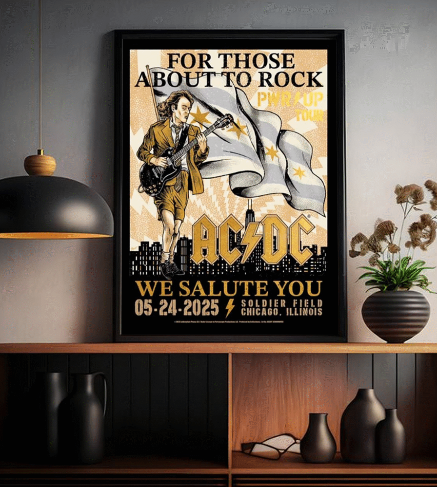 ACDC PWR UP Chicago 2025 Gold Edition Poster Canvas – May 24 at Soldier Field – For Those About To Rock We Salute You