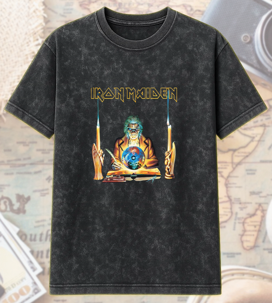 Iron Maiden 2025 Acid Wash Shirt or Hoodie – Run For Your Lives Tour w/ Clairvoyant Eddie Two-Sided Print