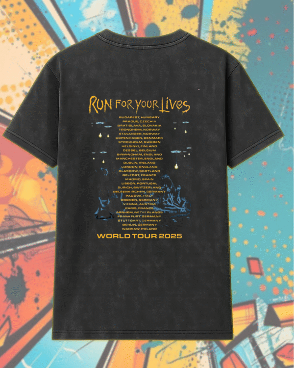 Iron Maiden 2025 Acid Wash Shirt or Hoodie – Run For Your Lives Tour w/ Clairvoyant Eddie Two-Sided Print