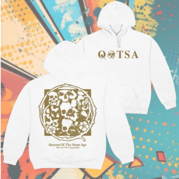 Queens of the Stone Age Alive In The Catacombs Hoodie – White Two-Sided QOTSA Skull Logo Band Sweatshirt