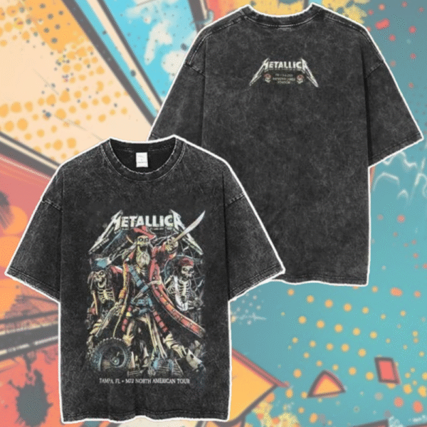 Metallica M72 Tampa 2025 Tour Shirt – Andrew Cremeans Pirate Art Tee, Raymond James Stadium Two-Sided Acid Wash T-Shirt