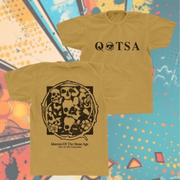 Queens of the Stone Age Alive In The Catacombs T-Shirt – Skull Logo Two-Sided Golden Band Tee