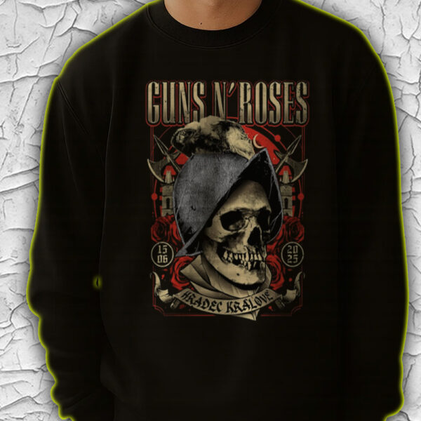 Guns N' Roses 2025 Tour Sweatshirt – Live in Hradec Králové – Skull & Roses Graphic – June 15 Edition - Image 5