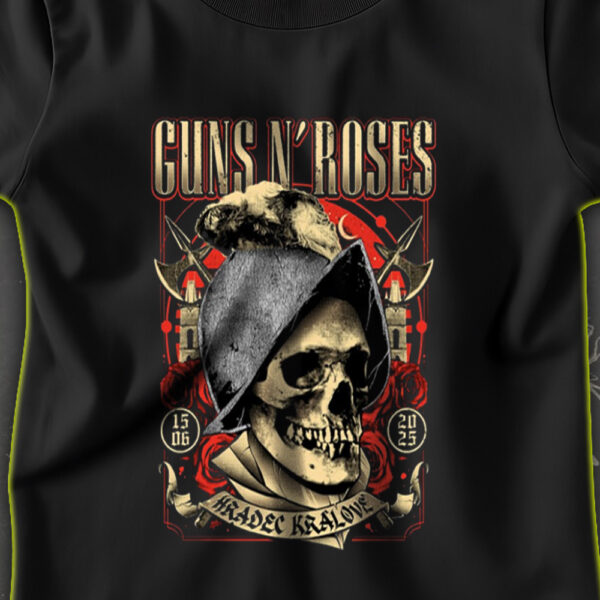 Guns N' Roses 2025 World Tour T-Shirt – Hradec Králové Concert – Skull Helmet Poster Art – June 15 Live Show Tee - Image 3