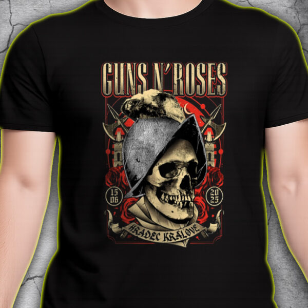 Guns N' Roses 2025 World Tour T-Shirt – Hradec Králové Concert – Skull Helmet Poster Art – June 15 Live Show Tee - Image 5