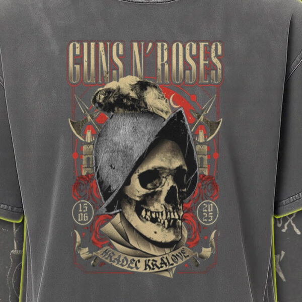 Guns N' Roses Acid Wash Tour Tee – Hradec Králové 2025 – Vintage Skull Helmet Design – June 15 Rock Shirt - Image 3
