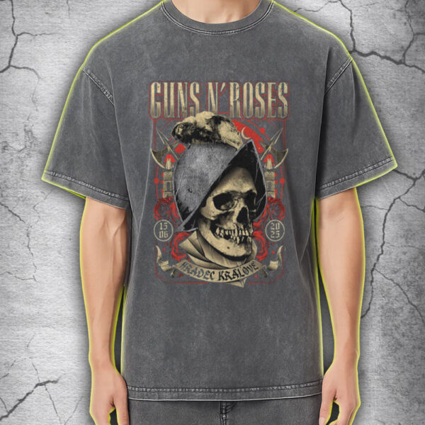 Guns N' Roses Acid Wash Tour Tee – Hradec Králové 2025 – Vintage Skull Helmet Design – June 15 Rock Shirt - Image 5
