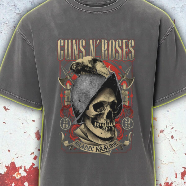 Guns N' Roses Acid Wash Tour Tee – Hradec Králové 2025 – Vintage Skull Helmet Design – June 15 Rock Shirt - Image 2