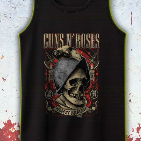 Guns N' Roses Hradec Králové 2025 Tank Top – June 15 Concert Shirt – Vintage Skull Helmet Graphic - Image 2
