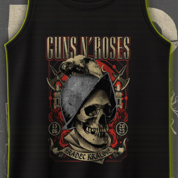 Guns N' Roses Hradec Králové 2025 Tank Top – June 15 Concert Shirt – Vintage Skull Helmet Graphic - Image 3