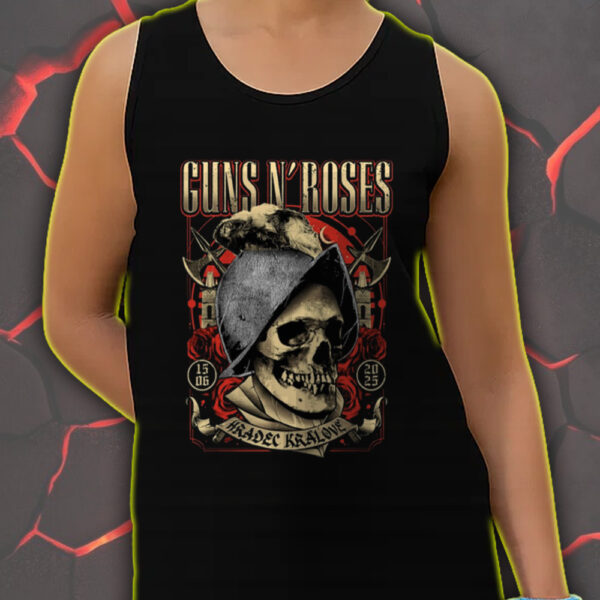 Guns N' Roses Hradec Králové 2025 Tank Top – June 15 Concert Shirt – Vintage Skull Helmet Graphic - Image 4