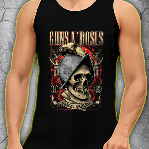 Guns N' Roses Hradec Králové 2025 Tank Top – June 15 Concert Shirt – Vintage Skull Helmet Graphic - Image 5