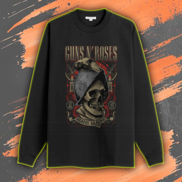 Guns N' Roses Long Sleeve Shirt – Hradec Králové 2025 Tour Date – June 15 Live Concert Skull Design