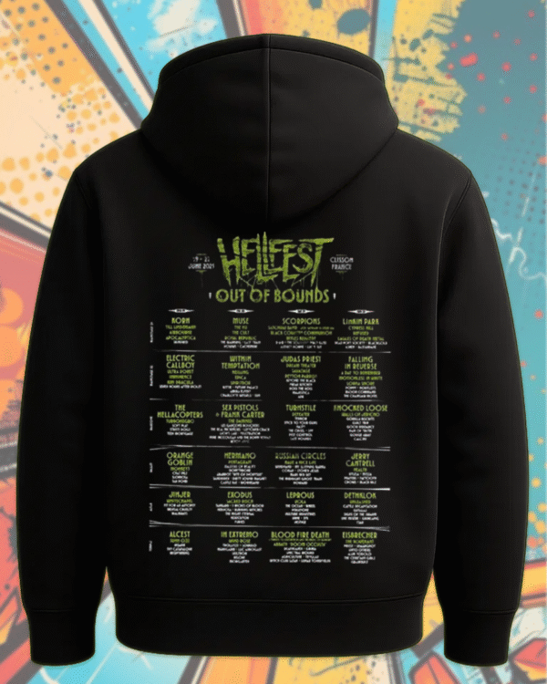 Hellfest 2025 Out Of Bounds Warzone Zombie Lineup T-Shirt, Hoodie, Long Sleeve, Sweatshirt & Tank Top – Two-Sided Festival Merch (Clisson, France | June 19–22) - Image 4