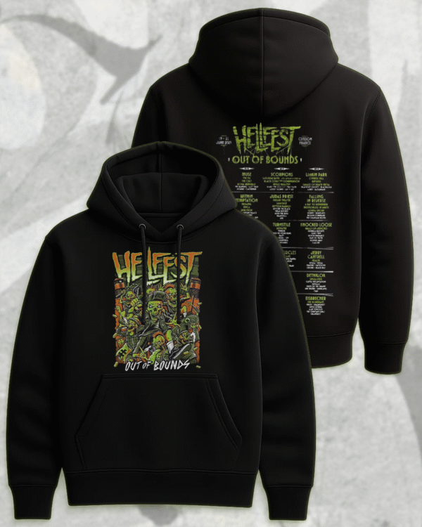 Hellfest 2025 Out Of Bounds Warzone Zombie Lineup T-Shirt, Hoodie, Long Sleeve, Sweatshirt & Tank Top – Two-Sided Festival Merch (Clisson, France | June 19–22) - Image 5