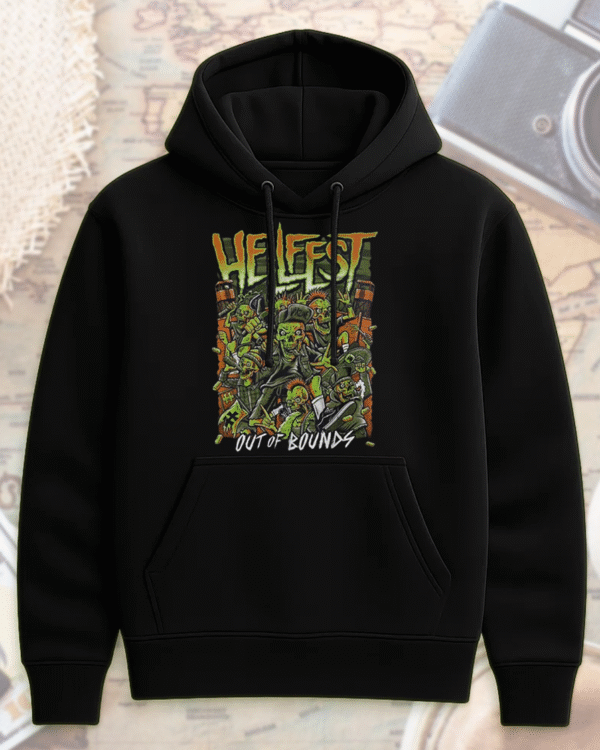 Hellfest 2025 Out Of Bounds Warzone Zombie Lineup T-Shirt, Hoodie, Long Sleeve, Sweatshirt & Tank Top – Two-Sided Festival Merch (Clisson, France | June 19–22) - Image 6
