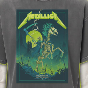 Metallica Acid Wash Tee – M72 Tour Houston 2025 – Grim Skeleton Rider Neon Art – NRG Stadium Concert Shirt